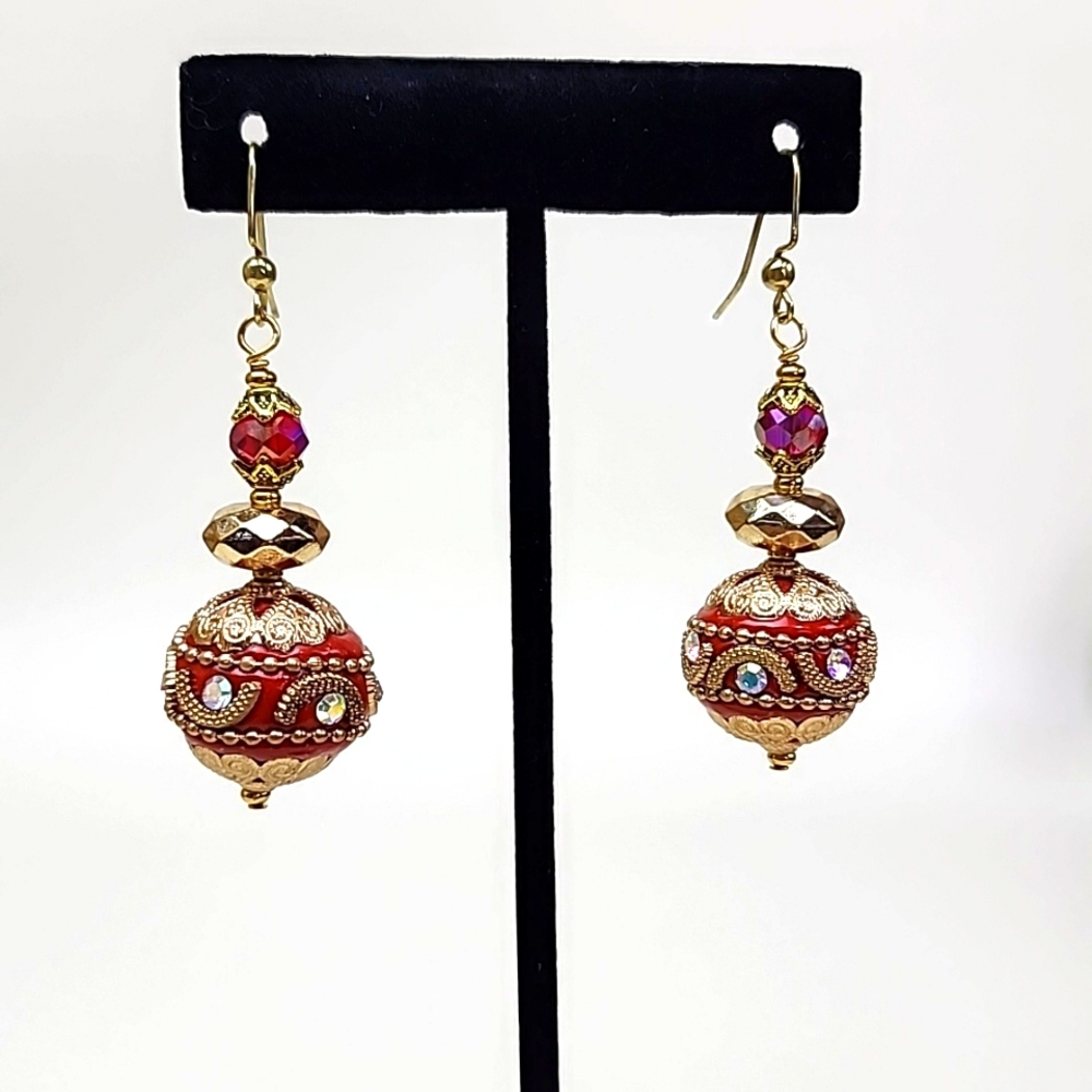 Red‎ Dangle Hook Style Earrings, Statement Earrings - Handmade